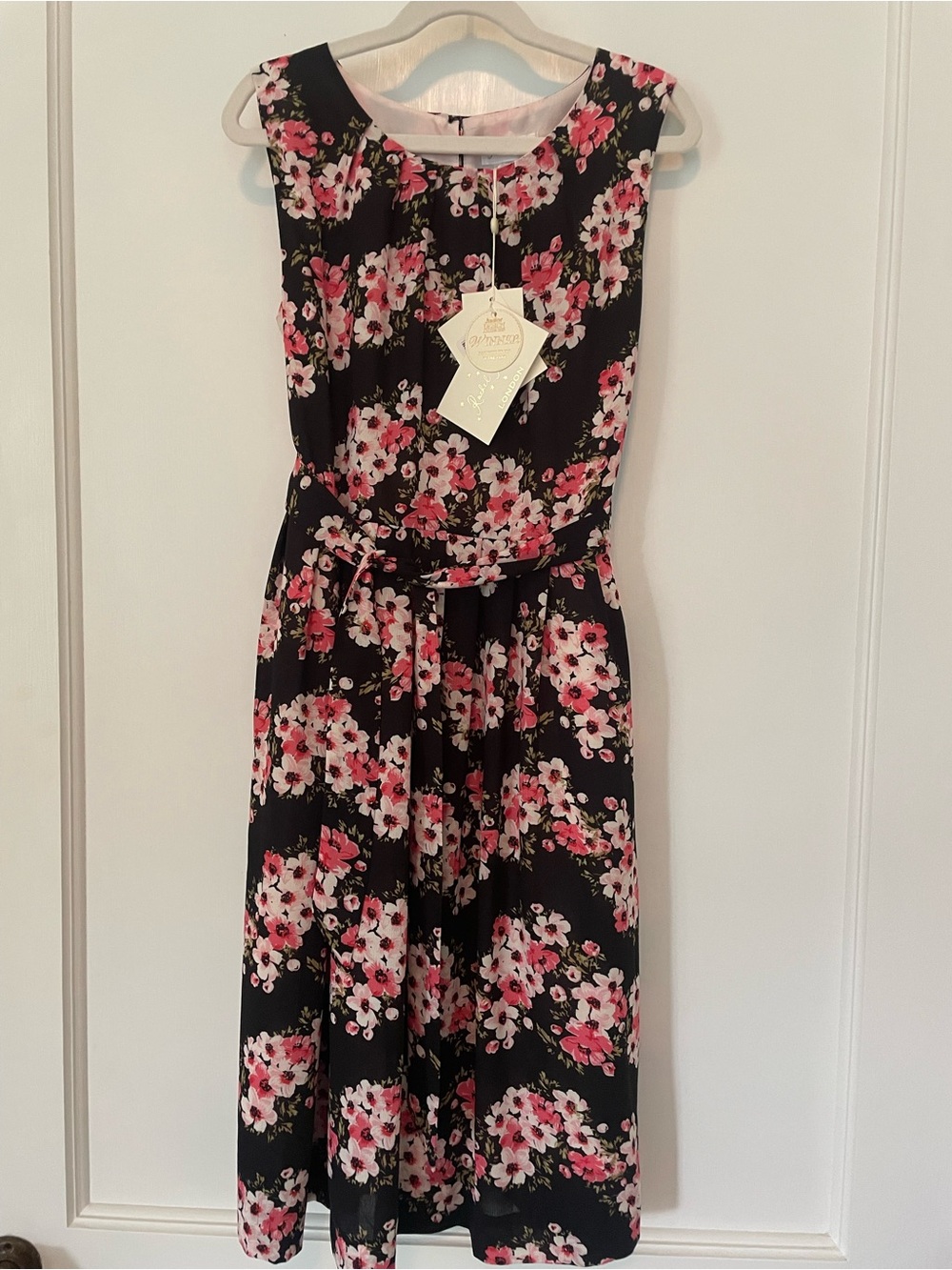 Beautiful Black Midi Dress with Pink and White Floral Print. Rachel Riley.